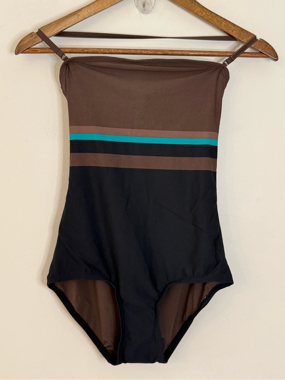 DKNY retro 70s vintage one piece striped swimsuit black brown teal SZ 4